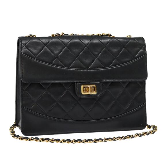 CHANEL Matelasse Turn Lock Chain Hand Bag Lamb Skin Black Gold CC - Picture 1 of 16